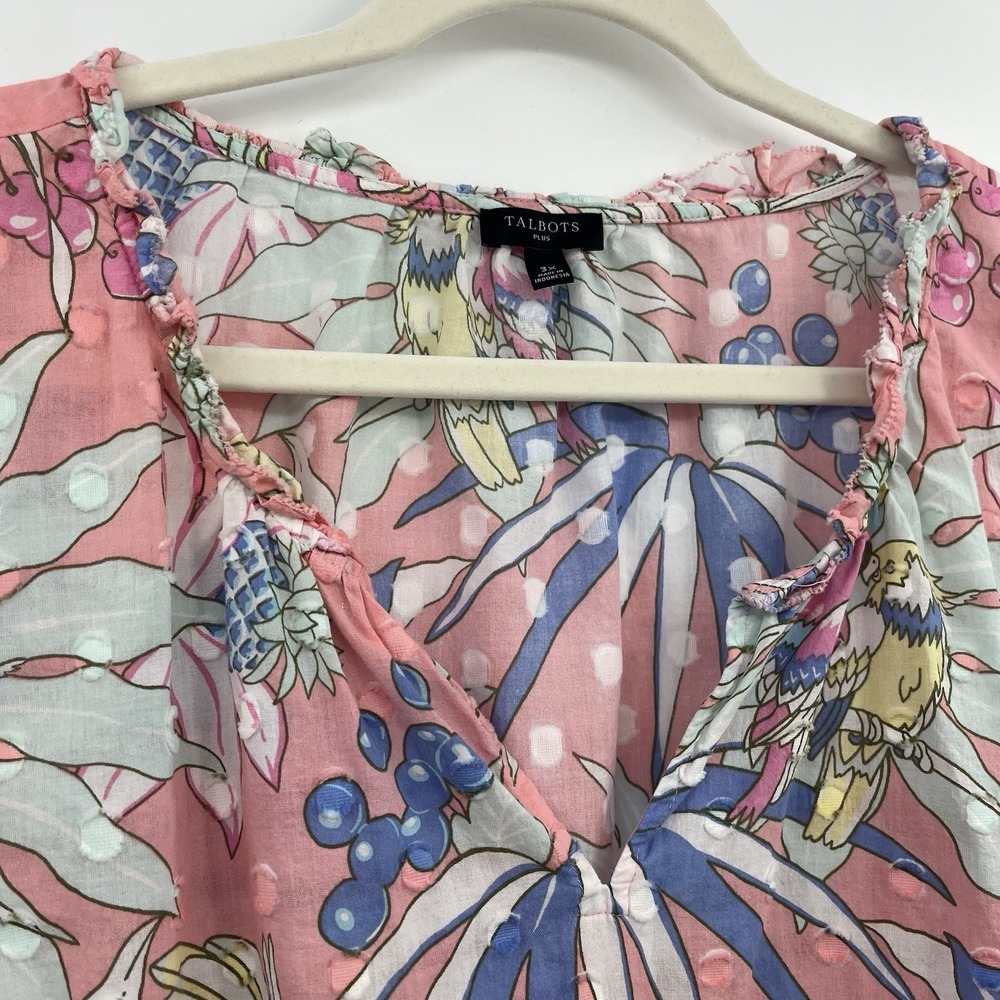 Women's Blouse Talbots 3X Pink Resort Wear Vacation L Palm Birds Novelty Print - Picture 5 of 10